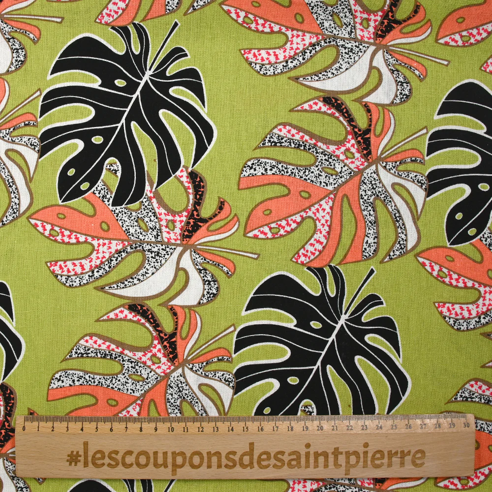 Lin viscose imprimé pluie de monsteras fond vert - Image 3