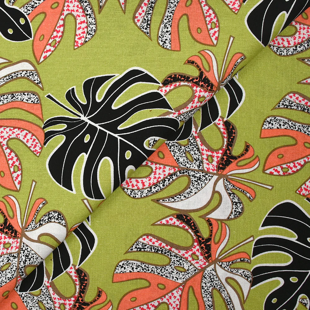 Lin viscose imprimé pluie de monsteras fond vert - Image 4