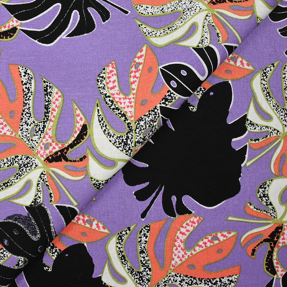 Lin viscose imprimé pluie de monsteras fond violet - Image 4