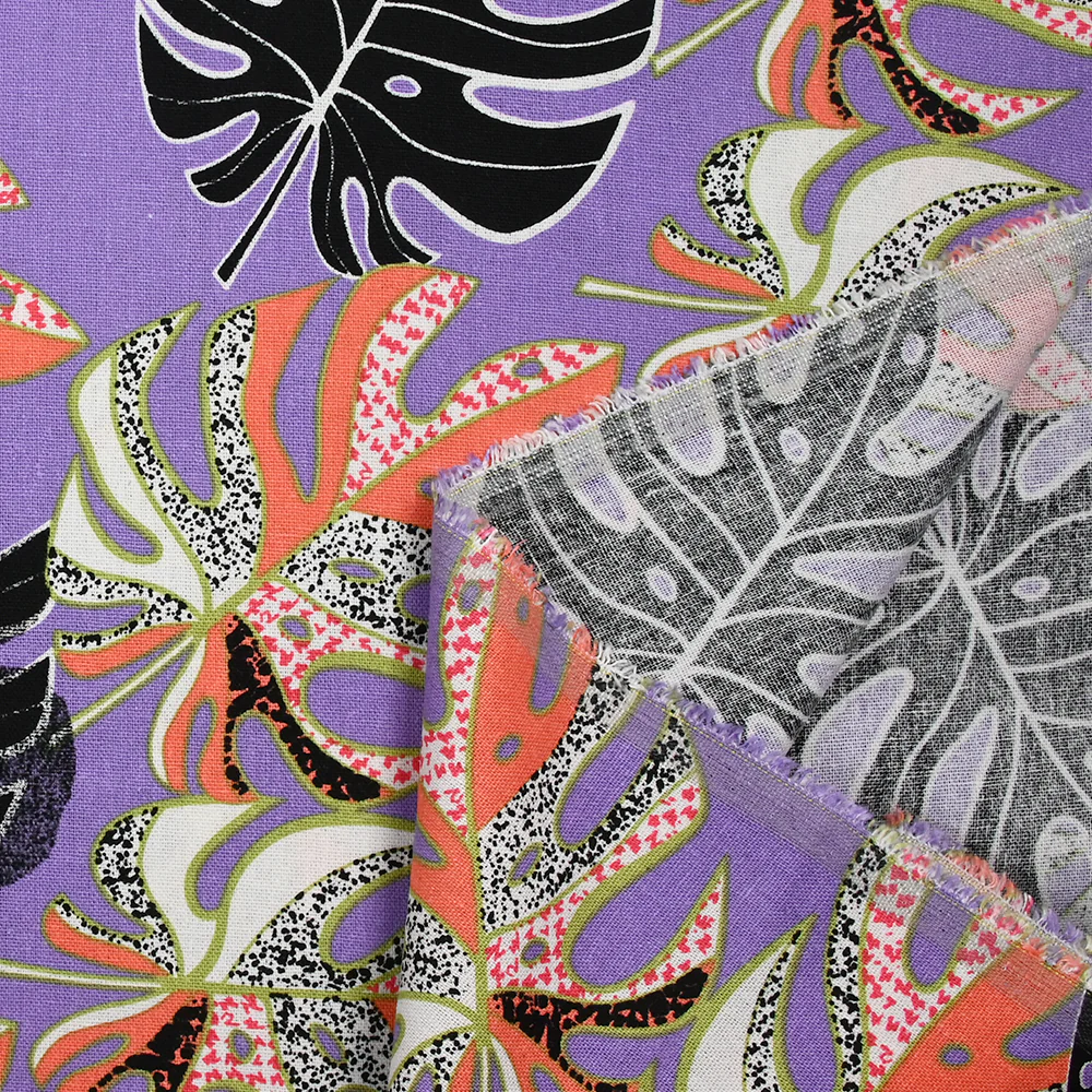 Lin viscose imprimé pluie de monsteras fond violet - Image 5