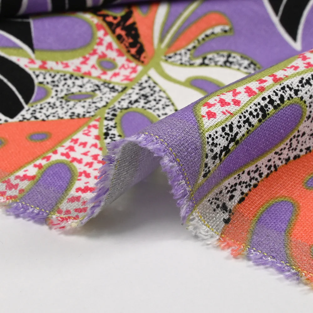 Lin viscose imprimé pluie de monsteras fond violet - Image 6