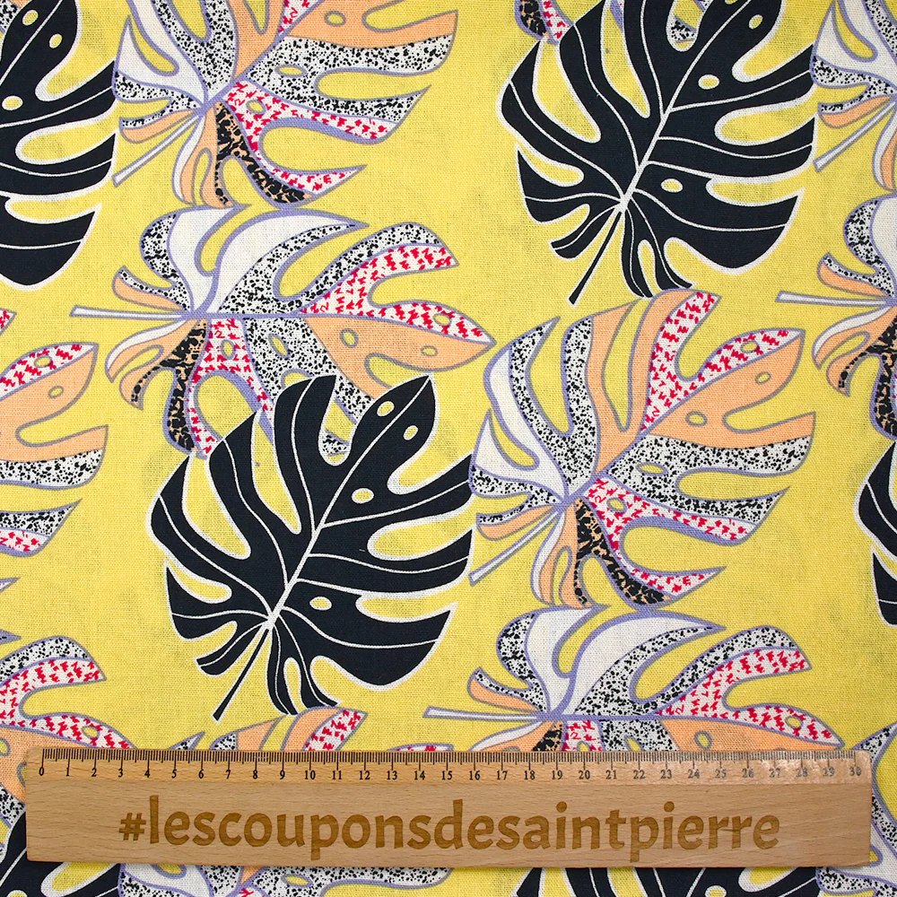 Lin viscose imprimé pluie de monsteras fond jaune nankin - Image 3