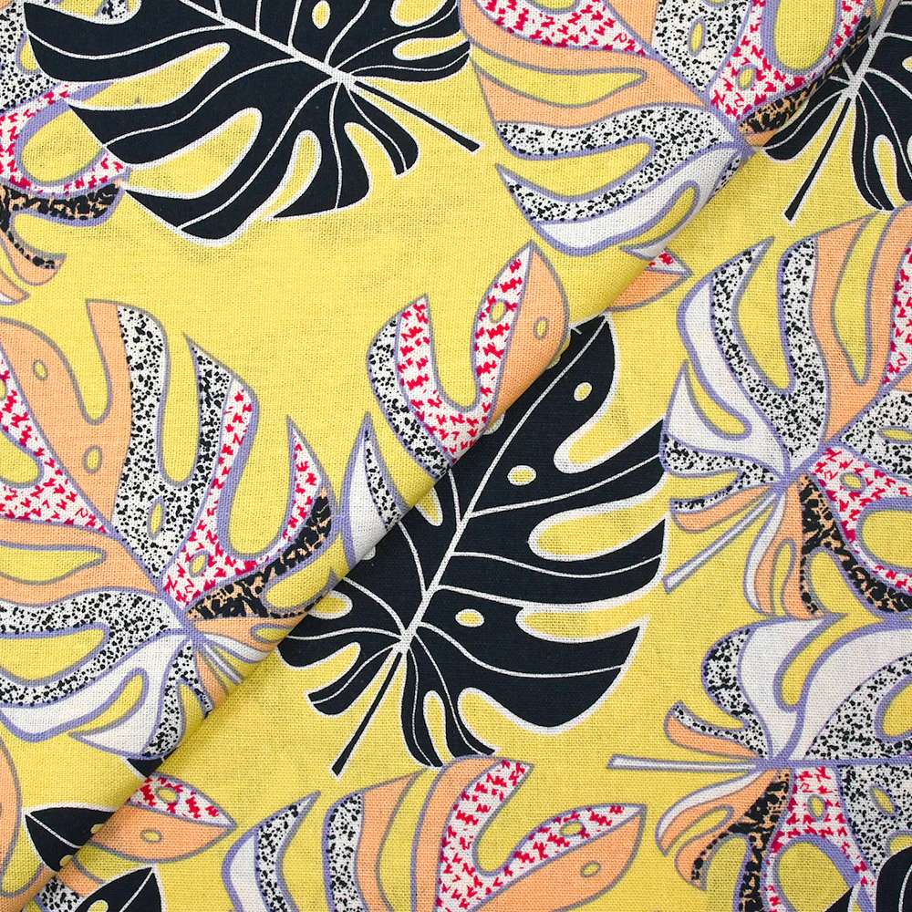 Lin viscose imprimé pluie de monsteras fond jaune nankin - Image 4