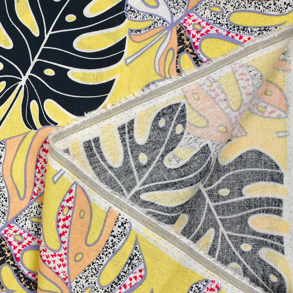 Lin viscose imprimé pluie de monsteras fond jaune nankin - Image 5