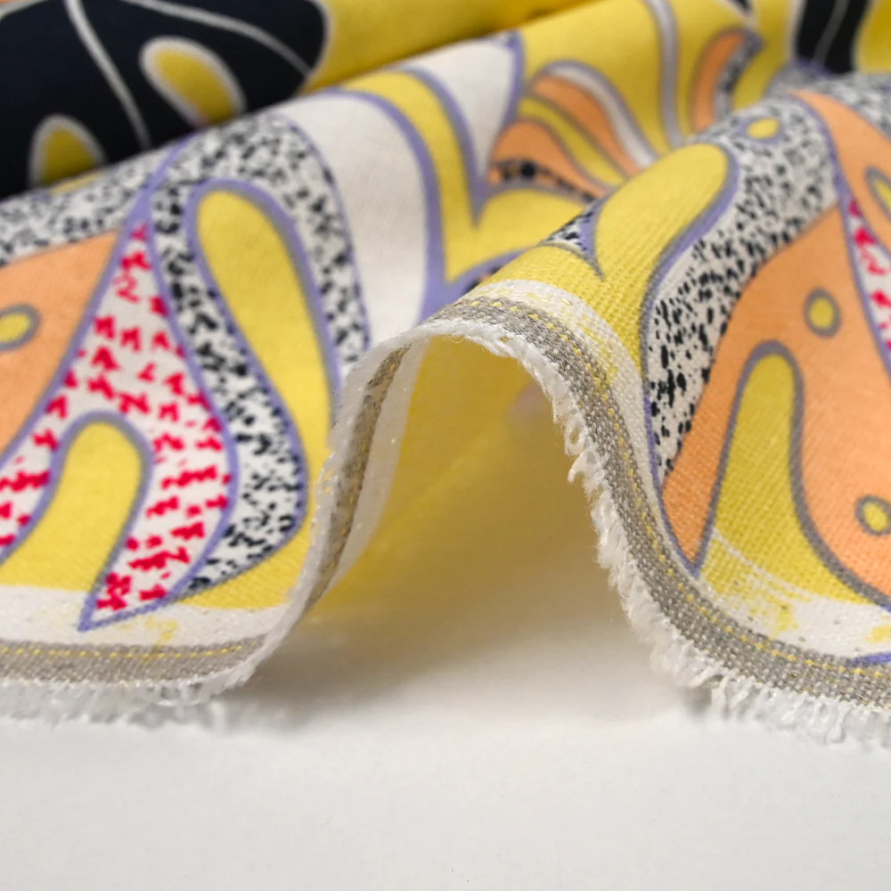 Lin viscose imprimé pluie de monsteras fond jaune nankin - Image 6