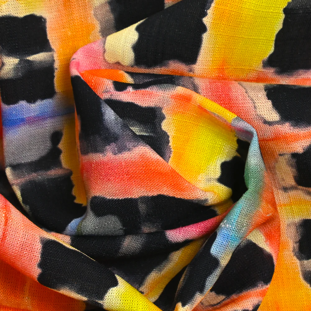 Lin viscose imprimé quadrillage arc-en-ciel fond marine - Image 2