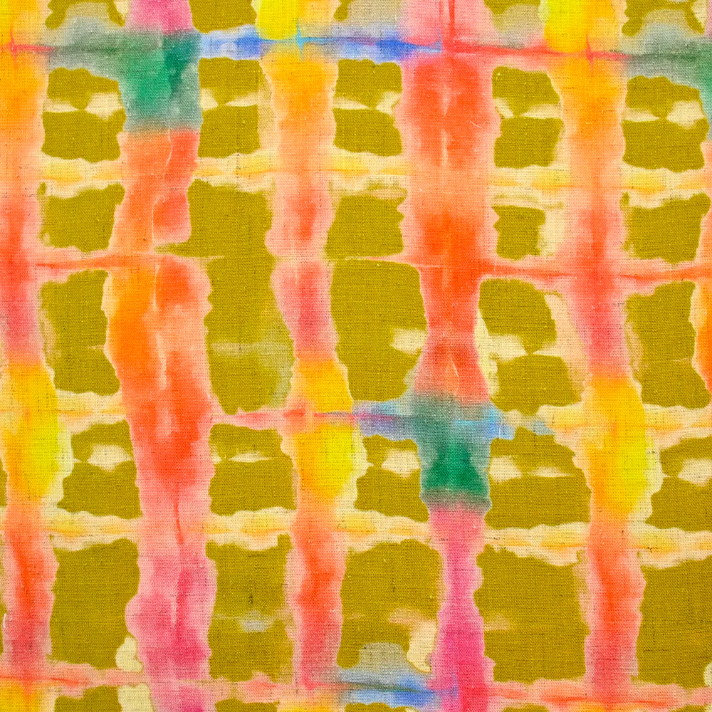 Lin viscose imprimé quadrillage arc-en-ciel fond vert
