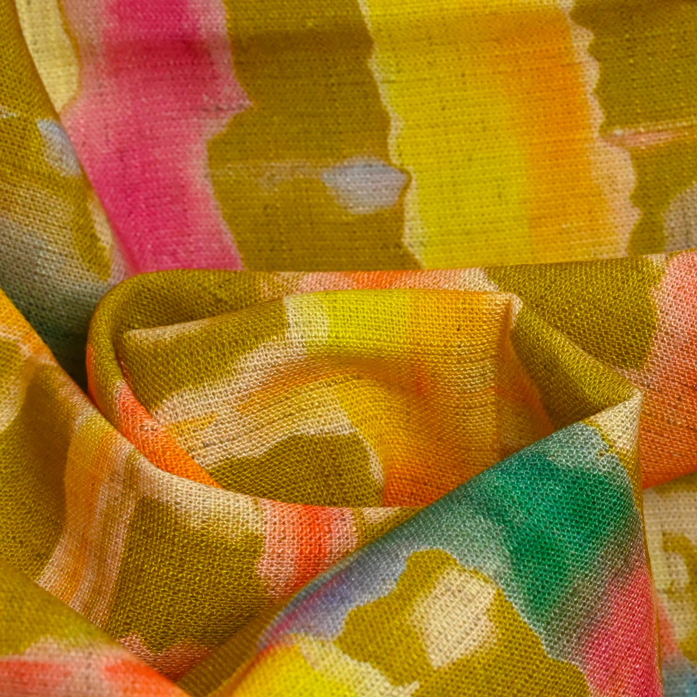 Lin viscose imprimé quadrillage arc-en-ciel fond vert - Image 2