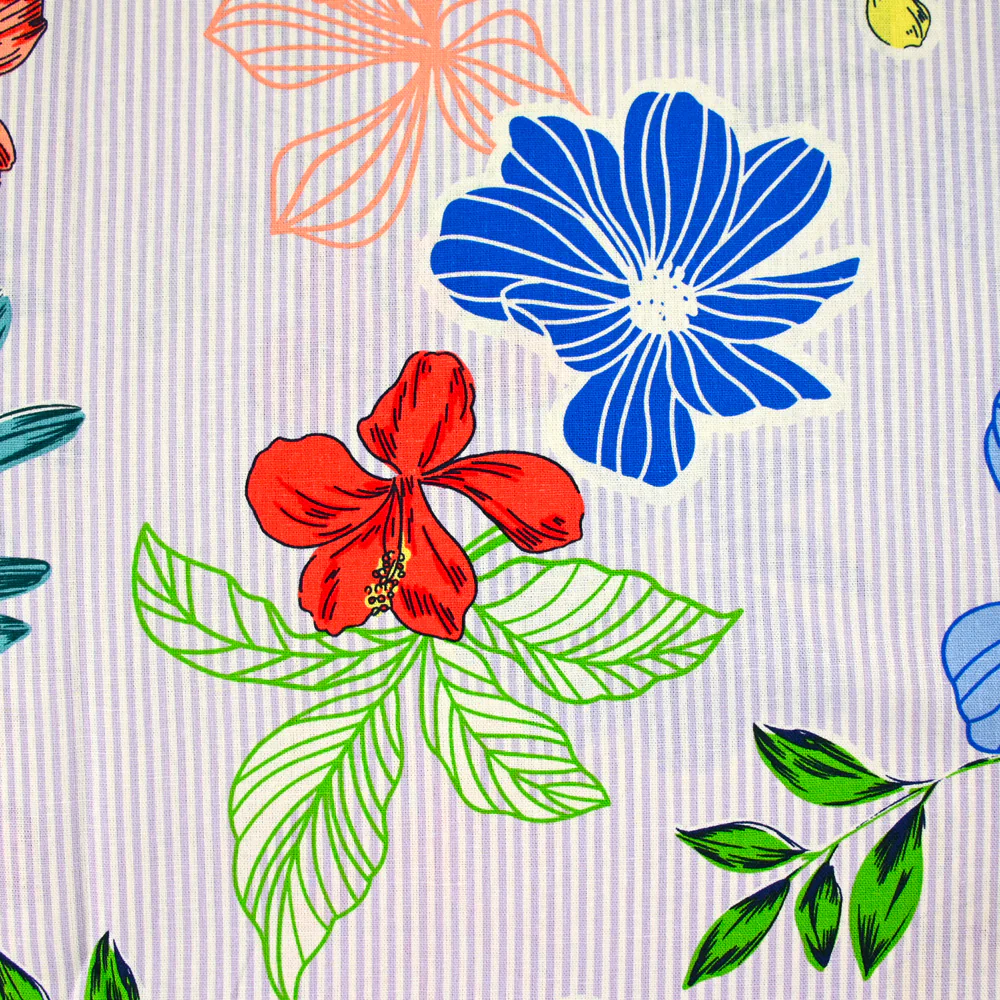 Lin viscose imprimé rayé parme et fleurs fond écru