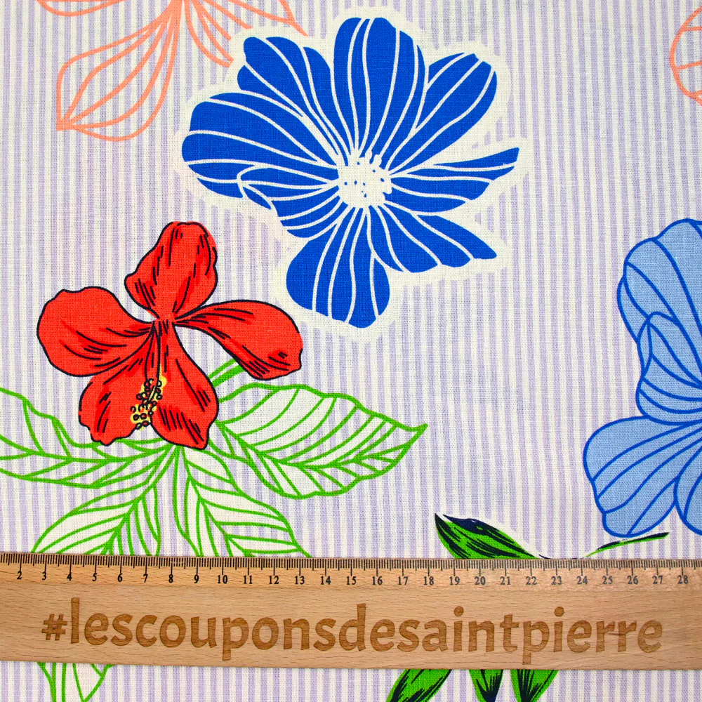 Lin viscose imprimé rayé parme et fleurs fond écru - Image 3