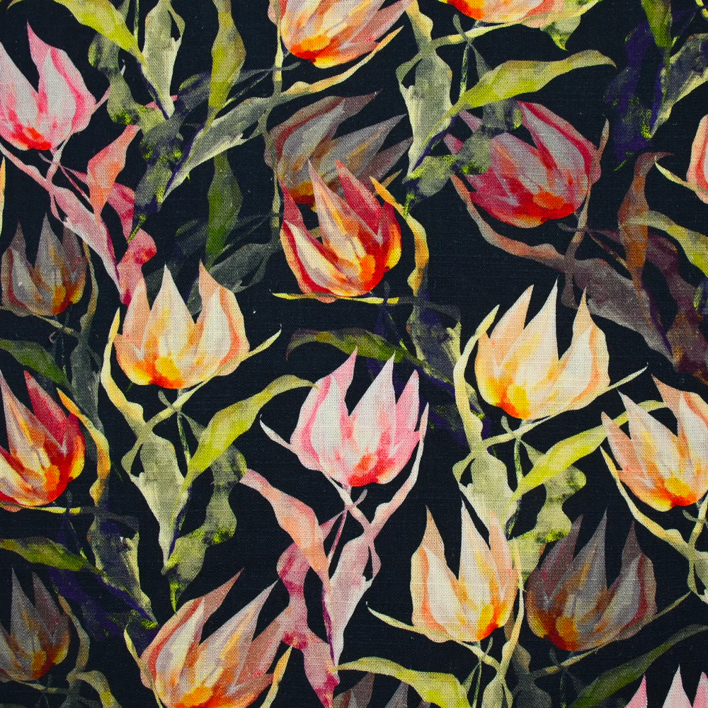 Lin viscose imprimé tulipe fond marine