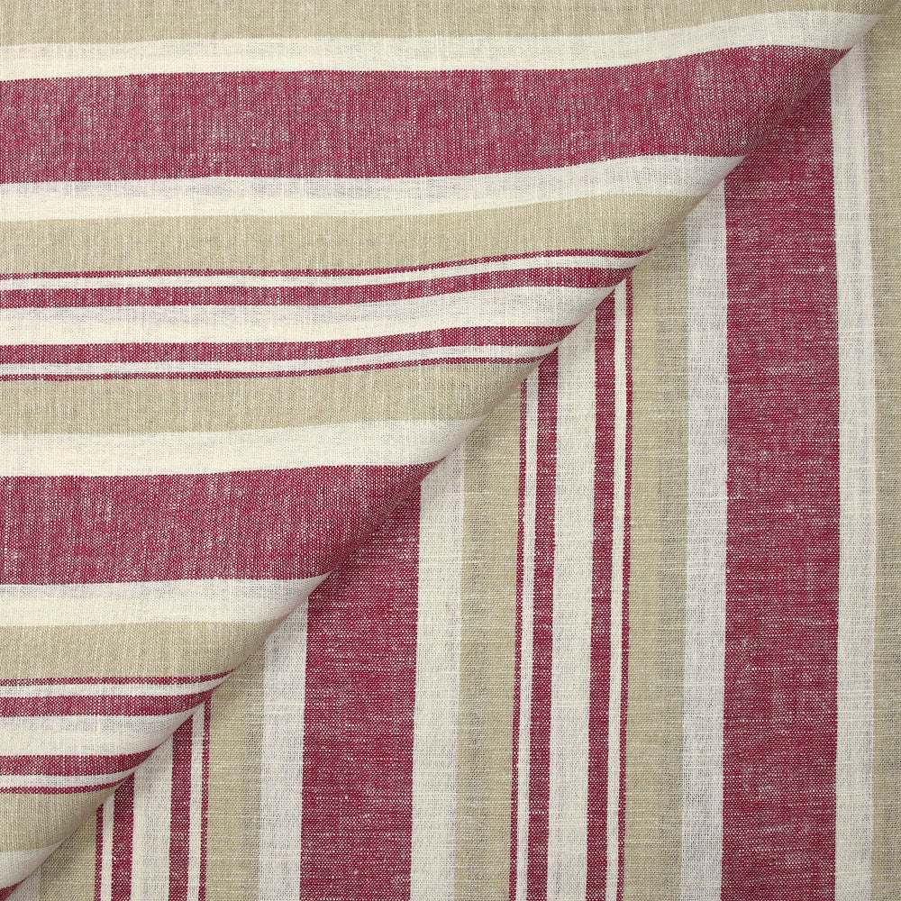 Lin viscose rayé cerise et grège fond blanc cassé