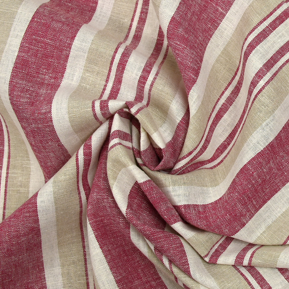 Lin viscose rayé cerise et grège fond blanc cassé - Image 2