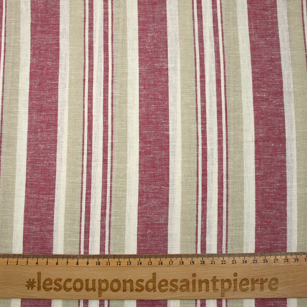 Lin viscose rayé cerise et grège fond blanc cassé - Image 3