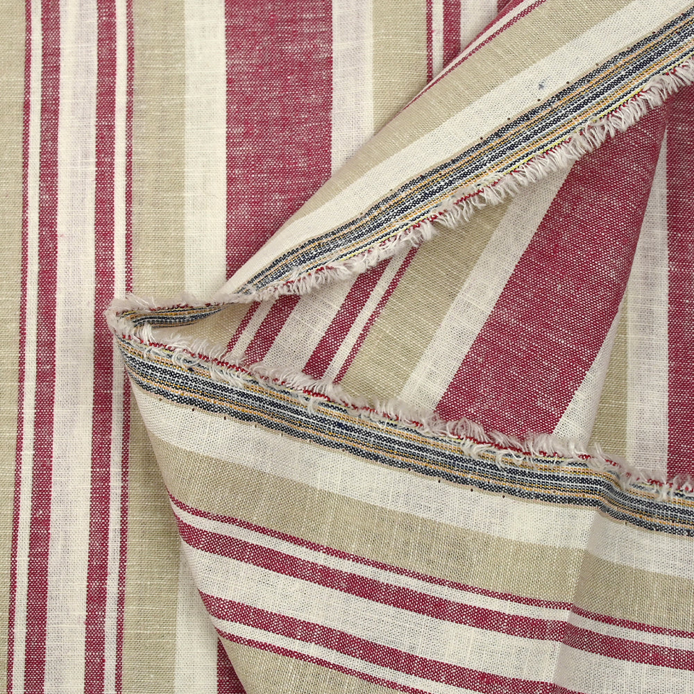 Lin viscose rayé cerise et grège fond blanc cassé - Image 5