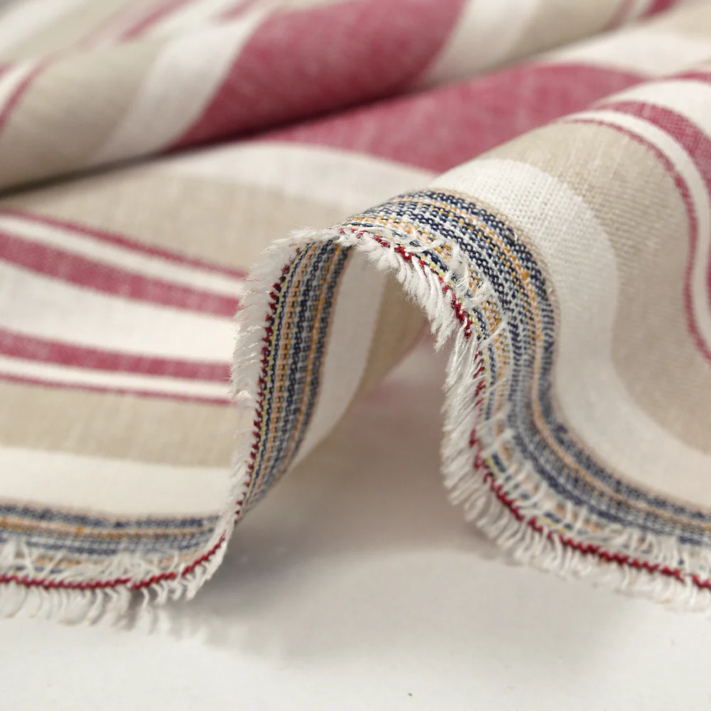Lin viscose rayé cerise et grège fond blanc cassé - Image 6