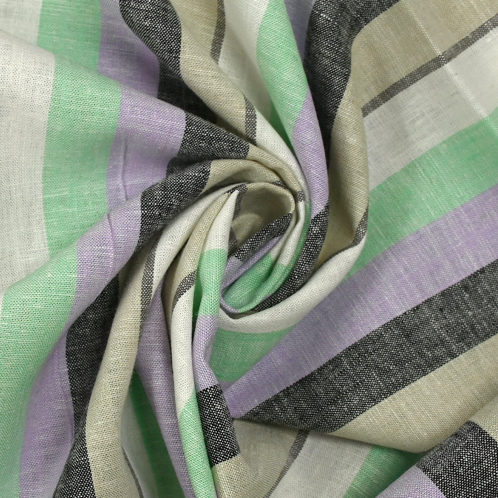 Lin viscose rayé vert d'eau, mauve et grège fond blanc cassé - Image 2
