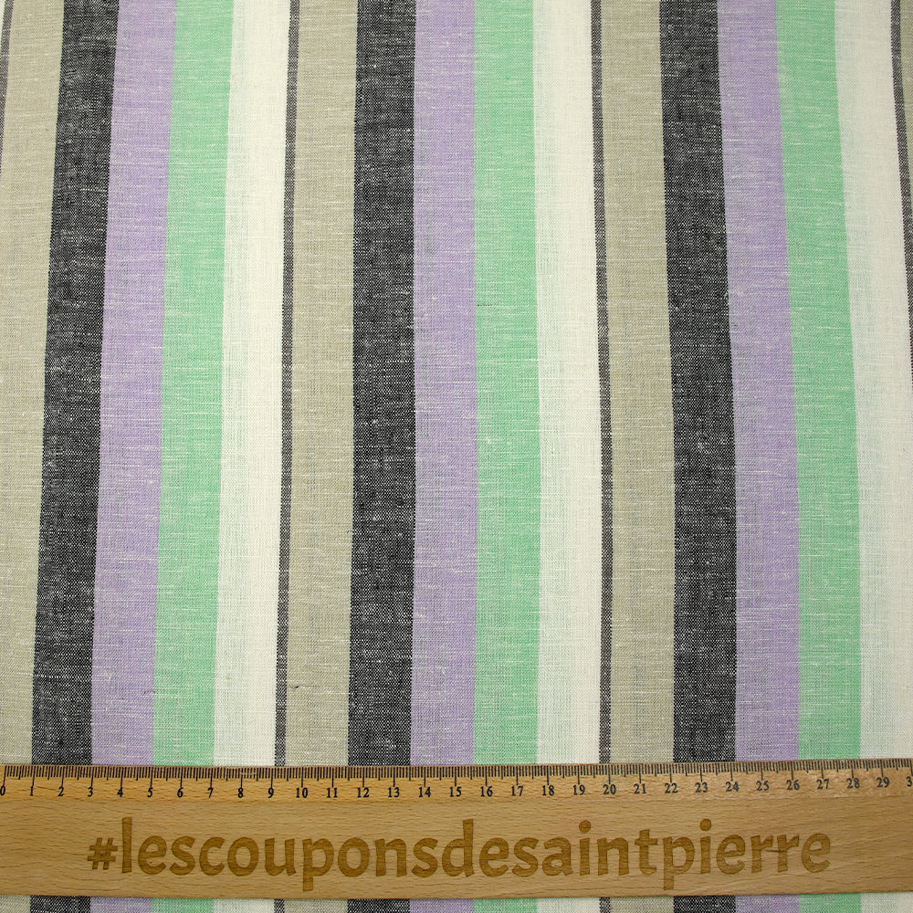 Lin viscose rayé vert d'eau, mauve et grège fond blanc cassé - Image 3