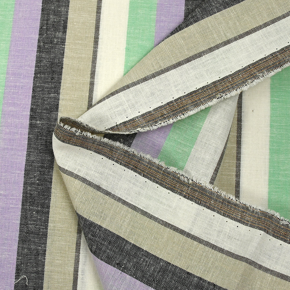 Lin viscose rayé vert d'eau, mauve et grège fond blanc cassé - Image 6