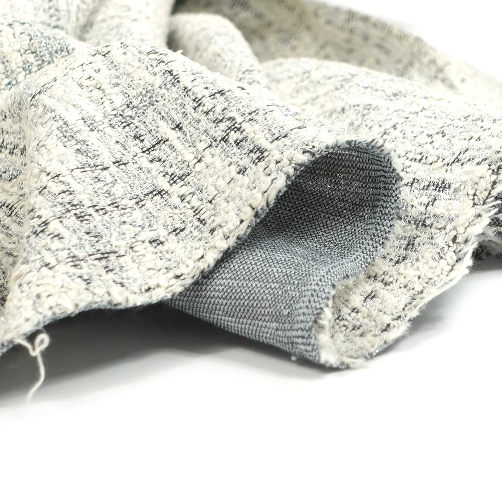 Maille Coco polycoton lurex carreaux gris, noir et vert fond blanc cassé - Image 5