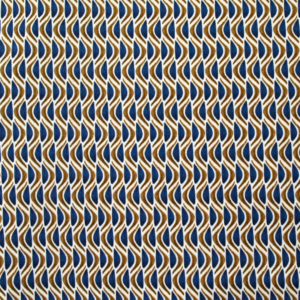 Maille crêpe imprimée vague bleu et marron fond écru