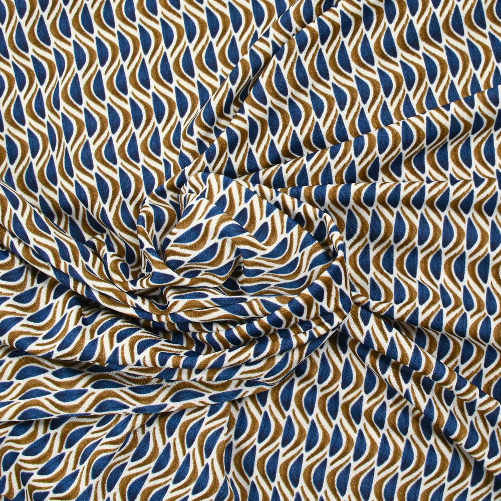 Maille crêpe imprimée vague bleu et marron fond écru - Image 2