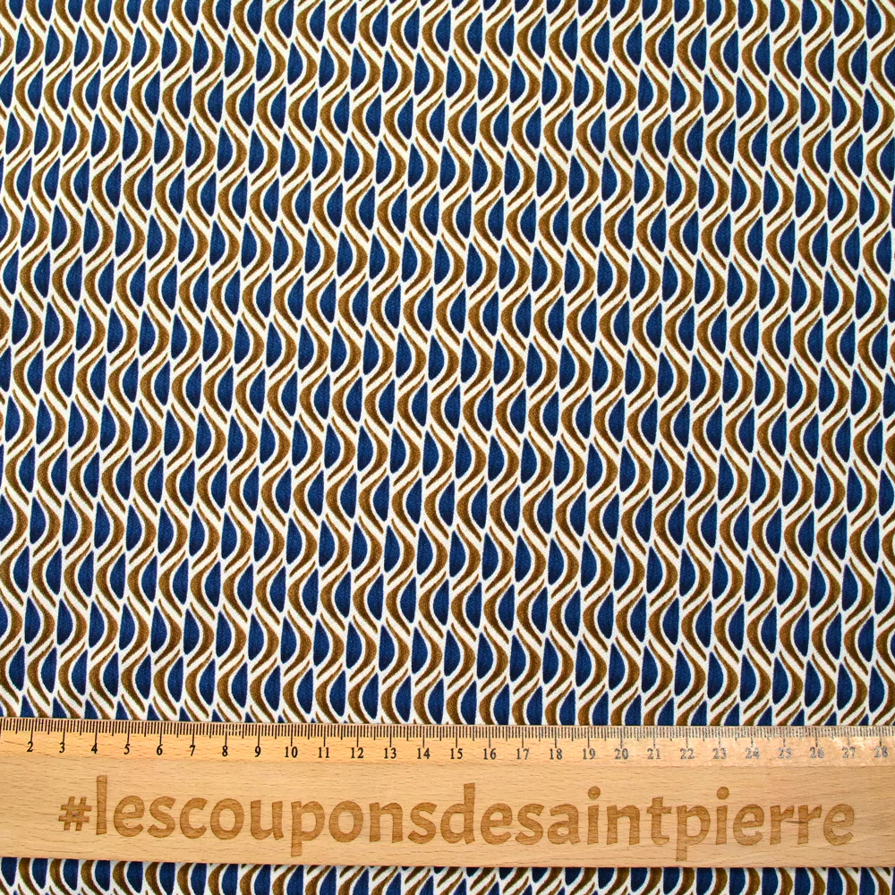 Maille crêpe imprimée vague bleu et marron fond écru - Image 3