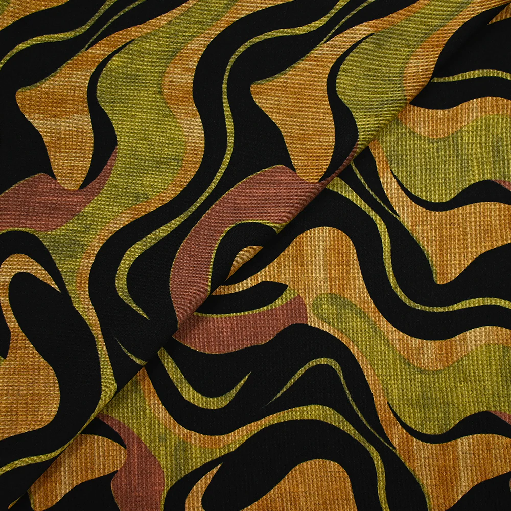 Maille Milano polyviscose mille vagues ocre et vert fond noir - Image 3