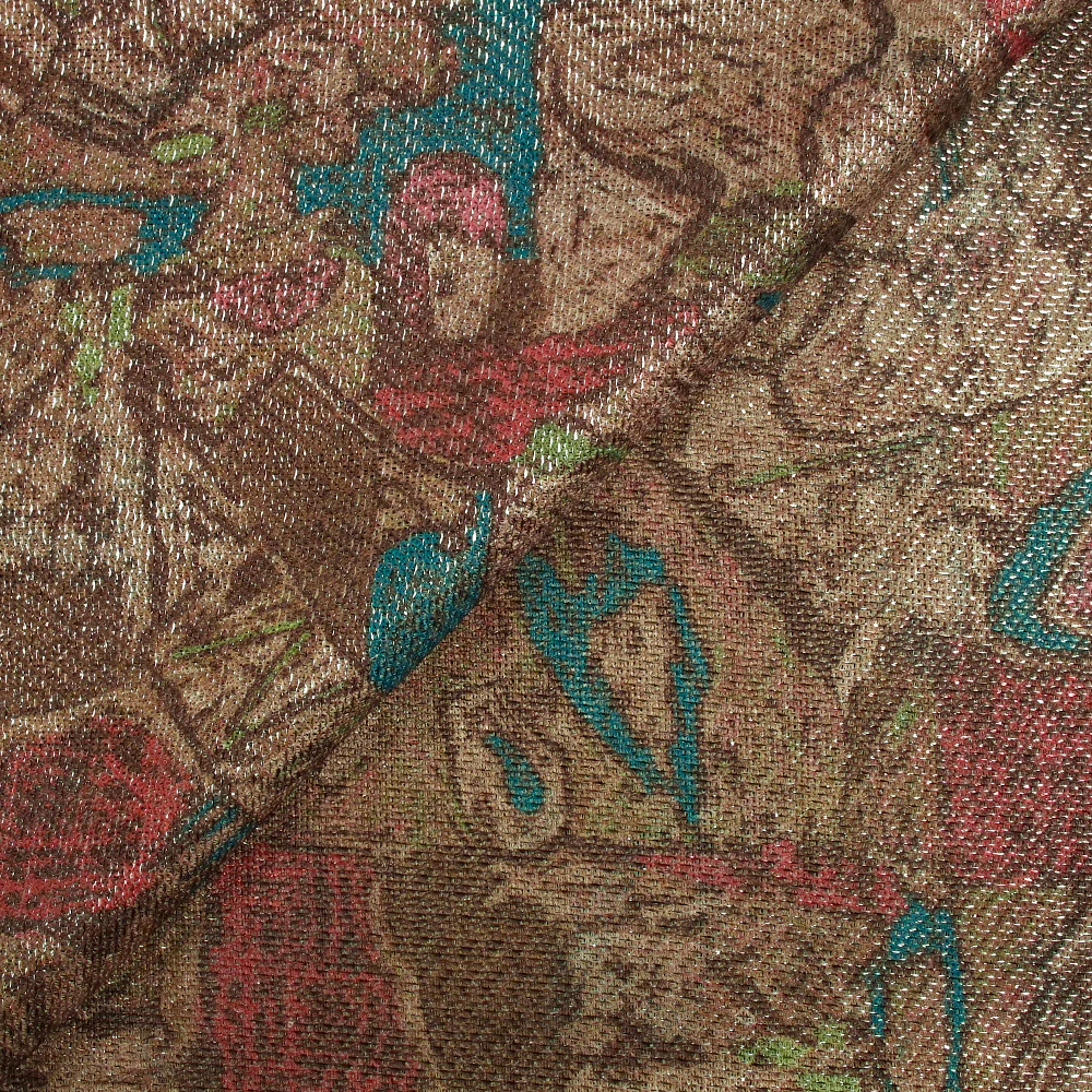 Maille polyester lamée éclat d'antan turquoise et rose fond beige