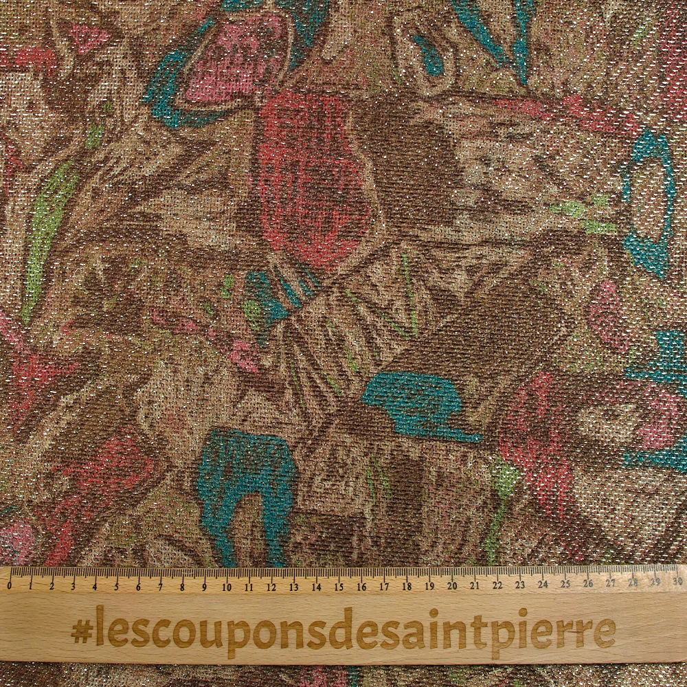 Maille polyester lamée éclat d'antan turquoise et rose fond beige - Image 3