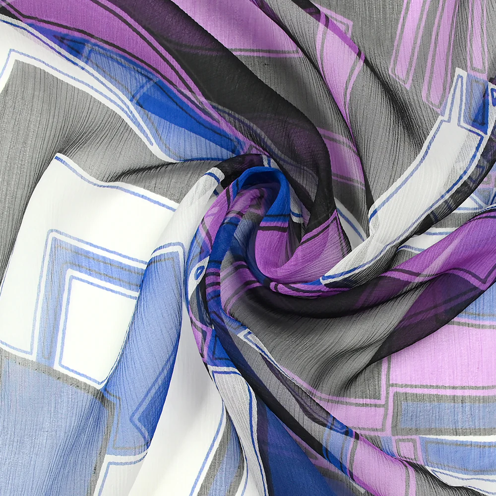 Mousseline crinkle 100% soie imprimée old school bleu roi et violet - Image 2