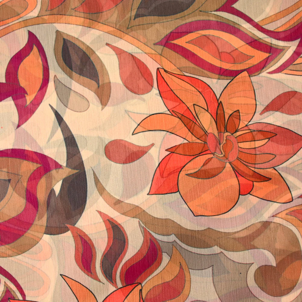 Mousseline crinkle imprimée flamme et fleur orange