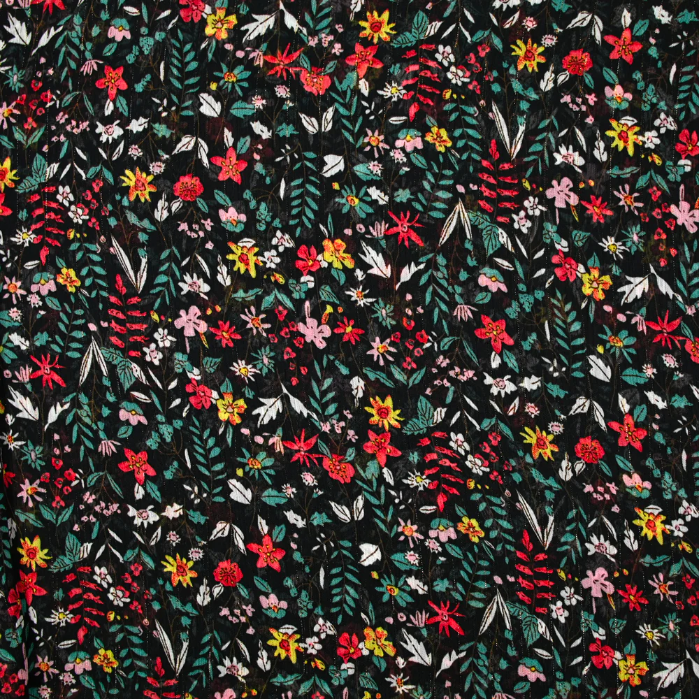 Mousseline crinkle imprimée irisée marguerite fond noir