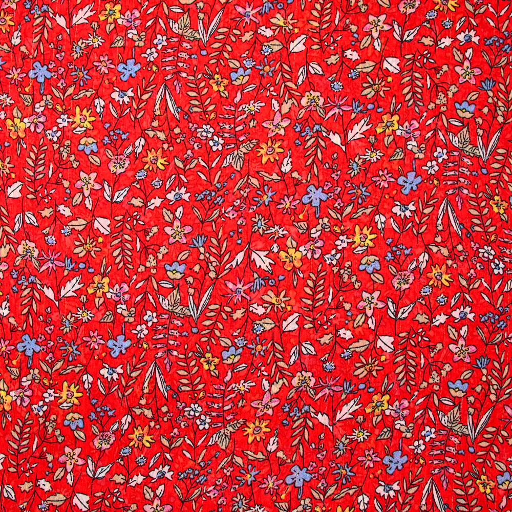 Mousseline crinkle imprimée irisée marguerite fond rouge