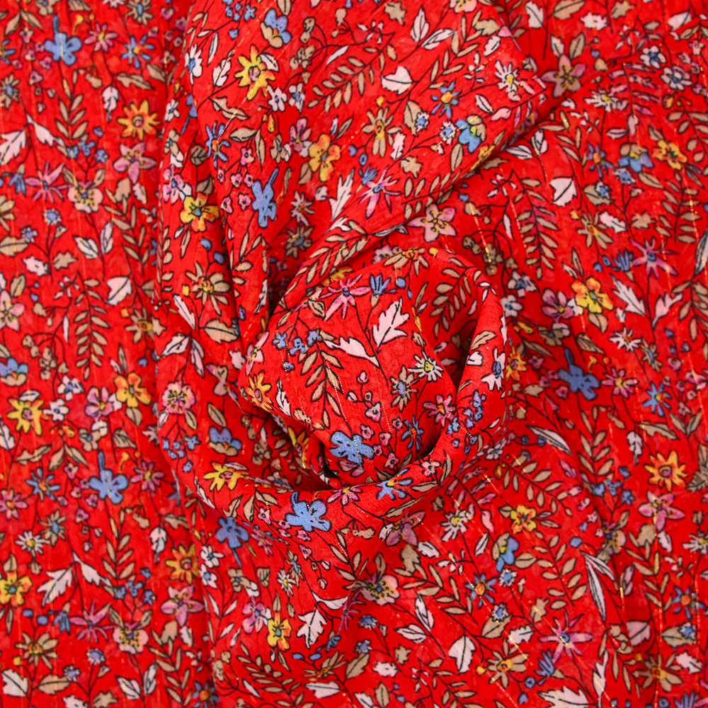 Mousseline crinkle imprimée irisée marguerite fond rouge - Image 2