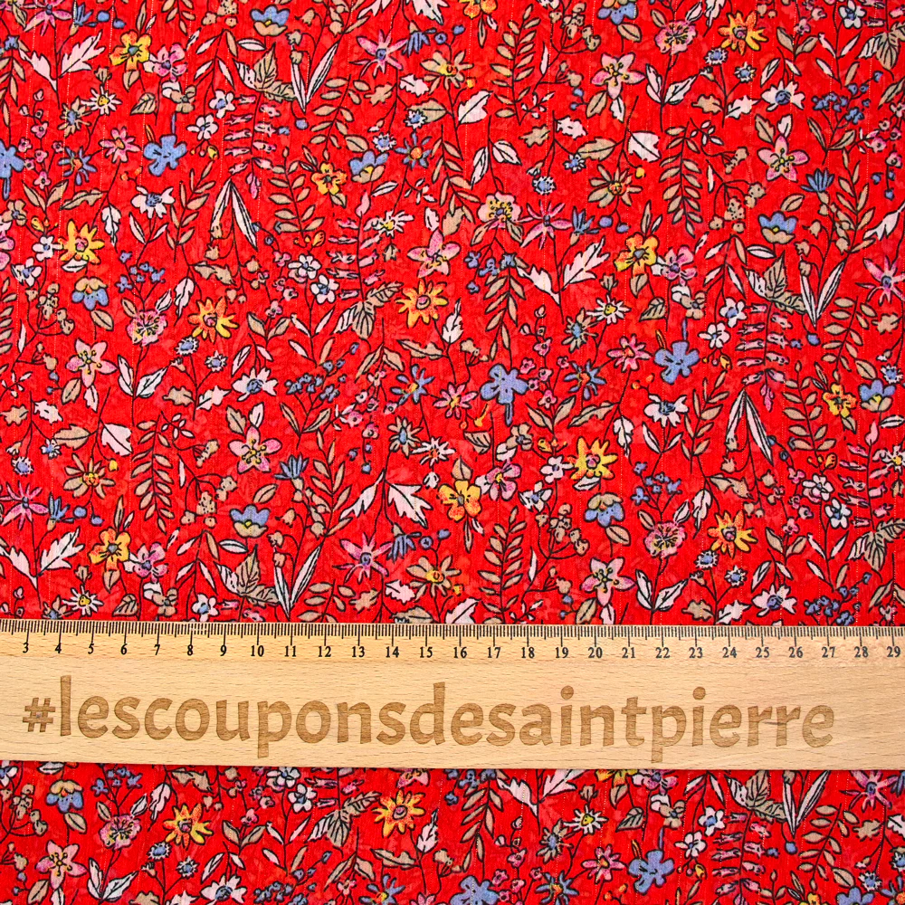 Mousseline crinkle imprimée irisée marguerite fond rouge - Image 3