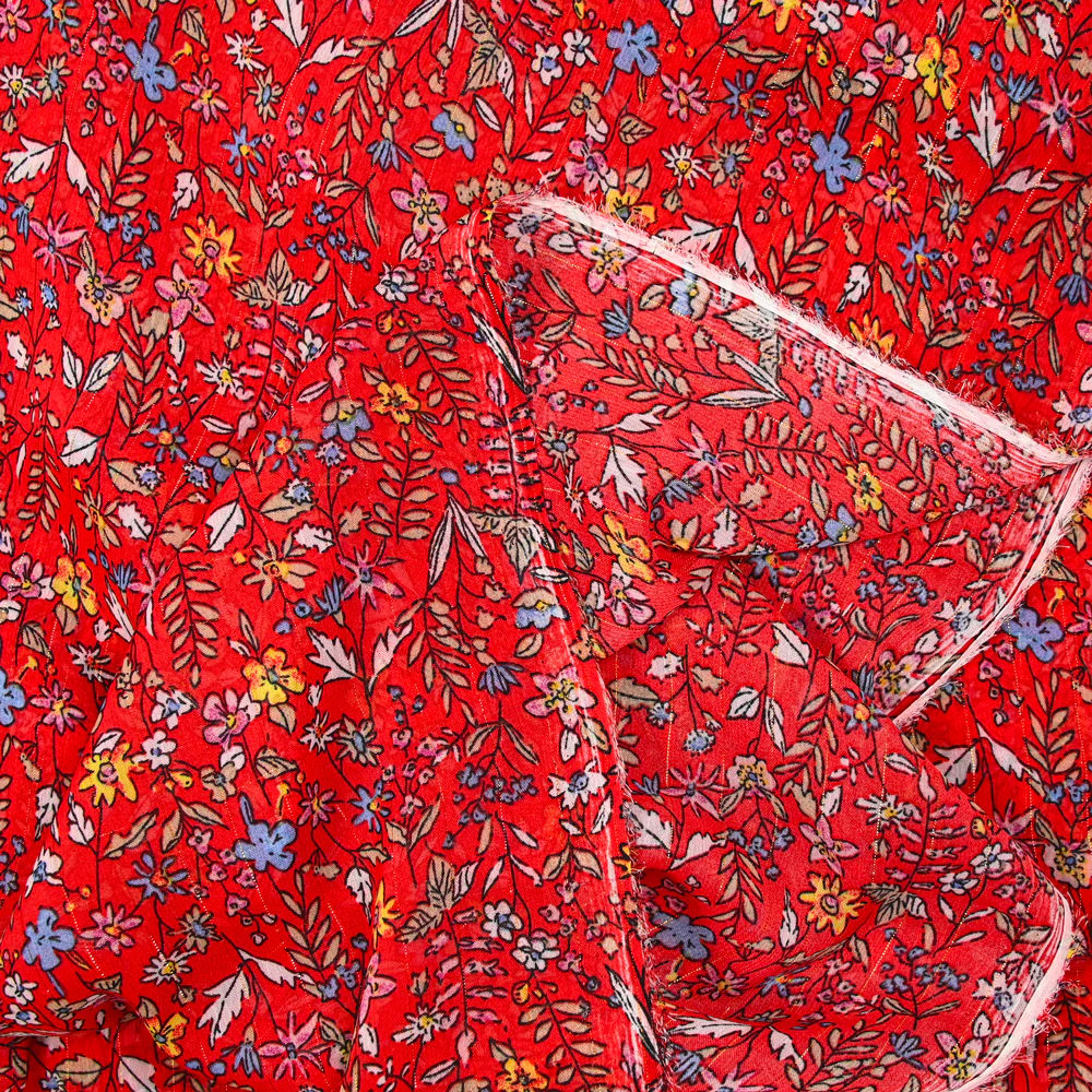 Mousseline crinkle imprimée irisée marguerite fond rouge - Image 4