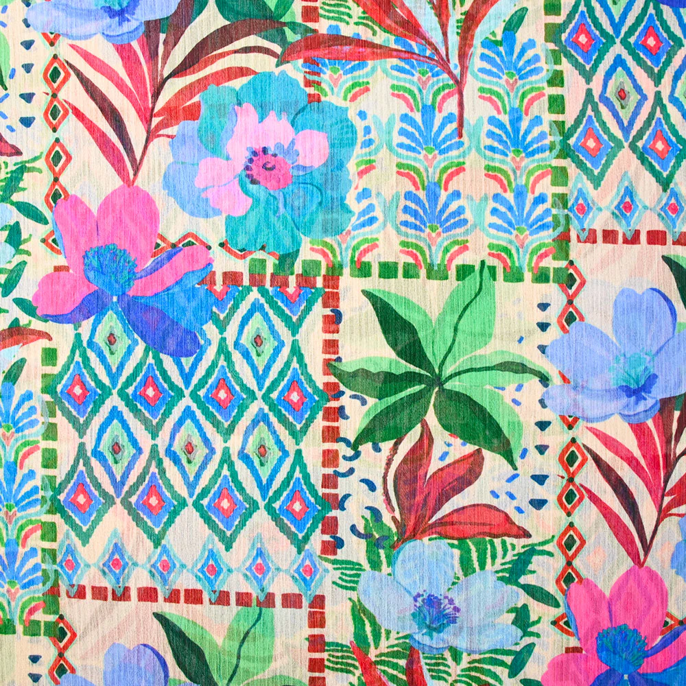 Mousseline crinkle imprimée jardin en fleurs bleu fond beige