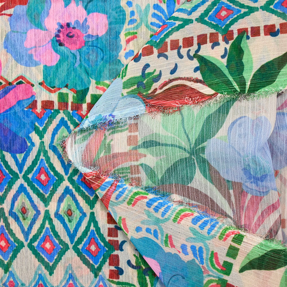Mousseline crinkle imprimée jardin en fleurs bleu fond beige - Image 5