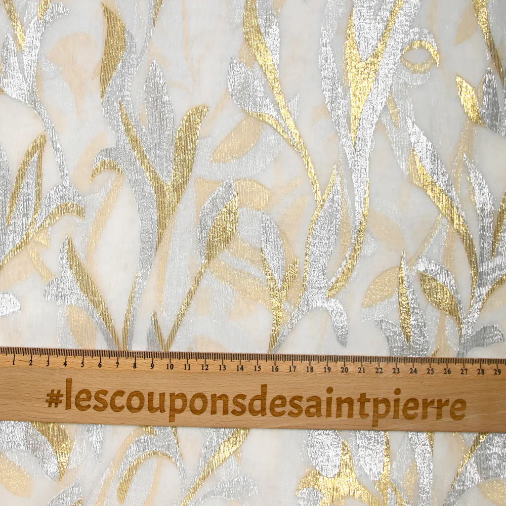 Mousseline de Soie dévorée Tlija or et argent fond blanc cassé - Image 3