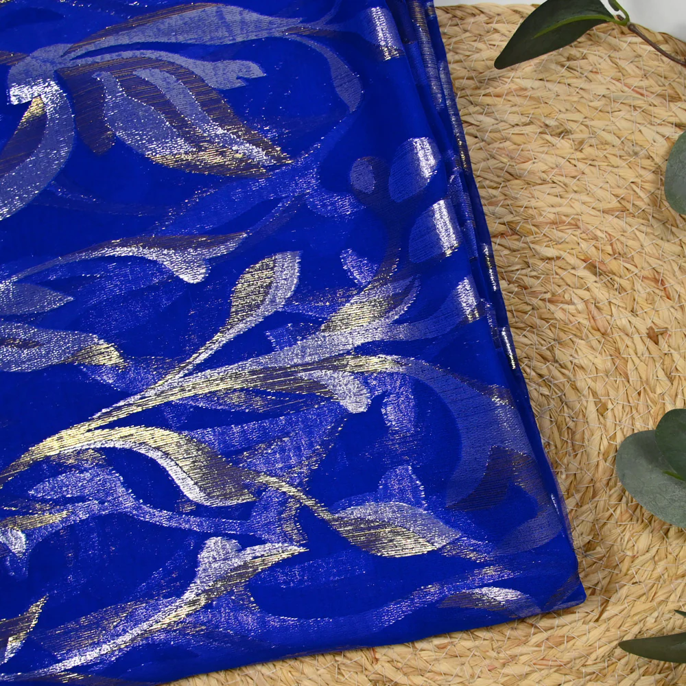 Mousseline de Soie dévorée Tlija or et argent fond bleu roi