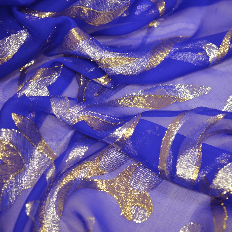 Mousseline de Soie dévorée Tlija or et argent fond bleu roi - Image 2