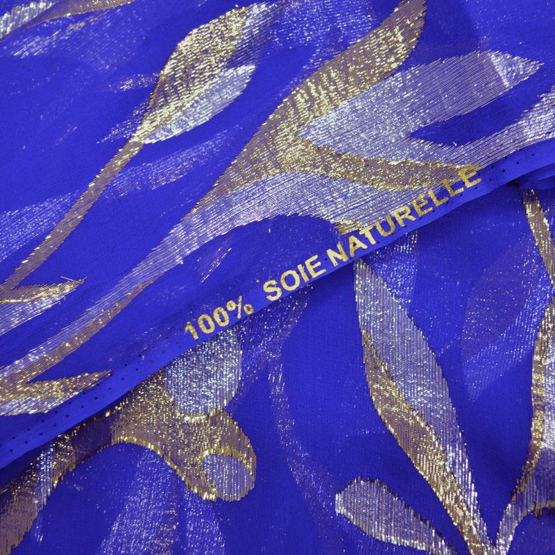 Mousseline de Soie dévorée Tlija or et argent fond bleu roi - Image 3