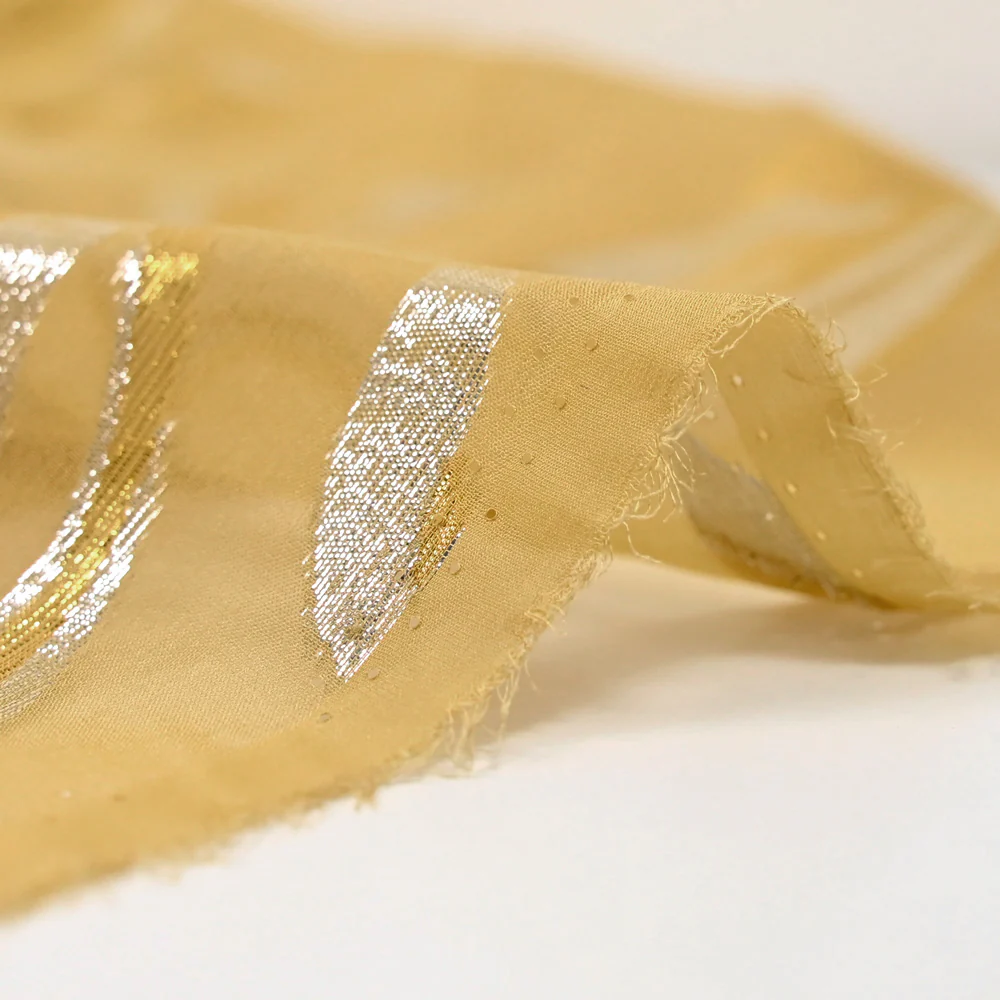 Mousseline de Soie dévorée Tlija or et argent fond ocre - Image 6