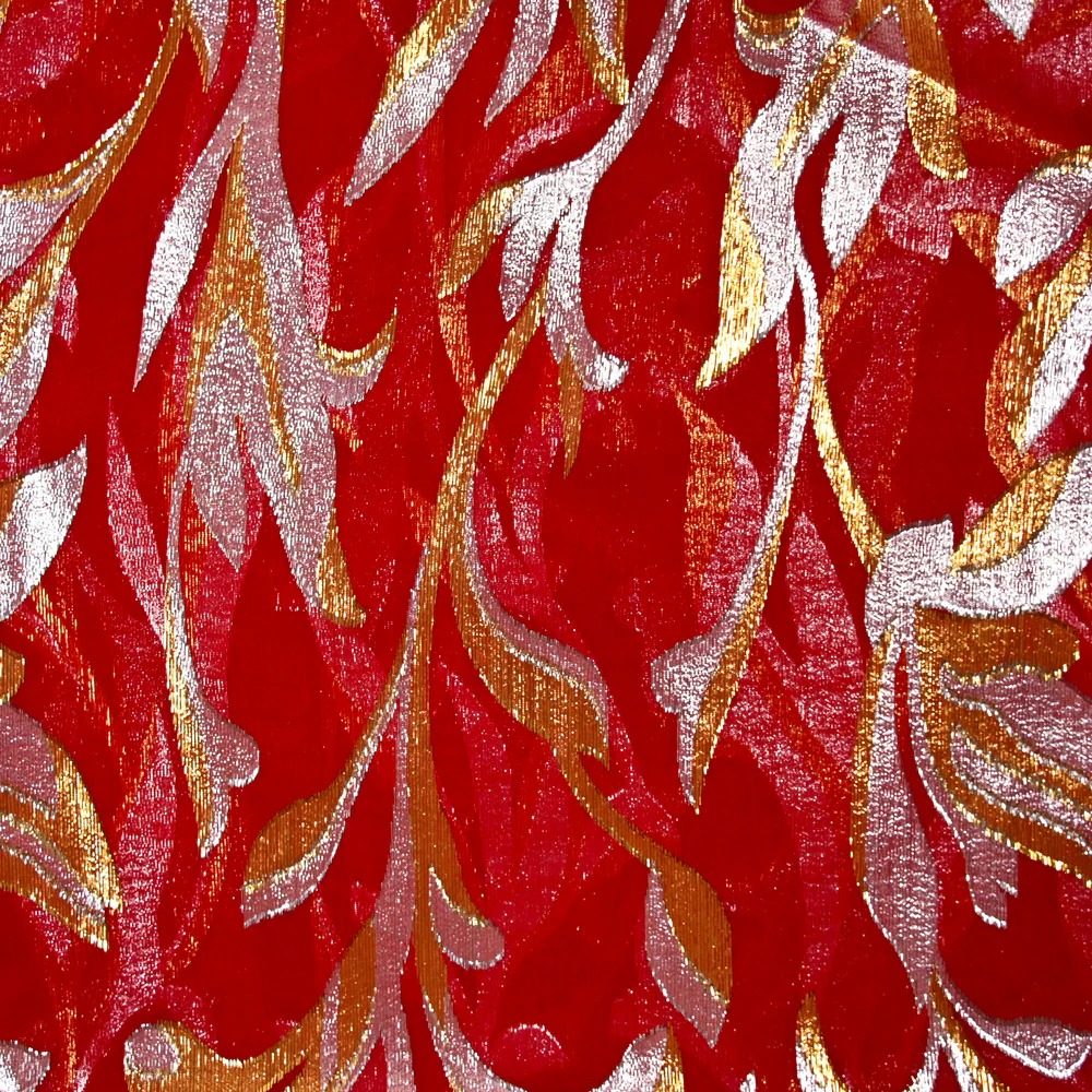 Mousseline de Soie dévorée Tlija or et argent fond rouge - Image 5