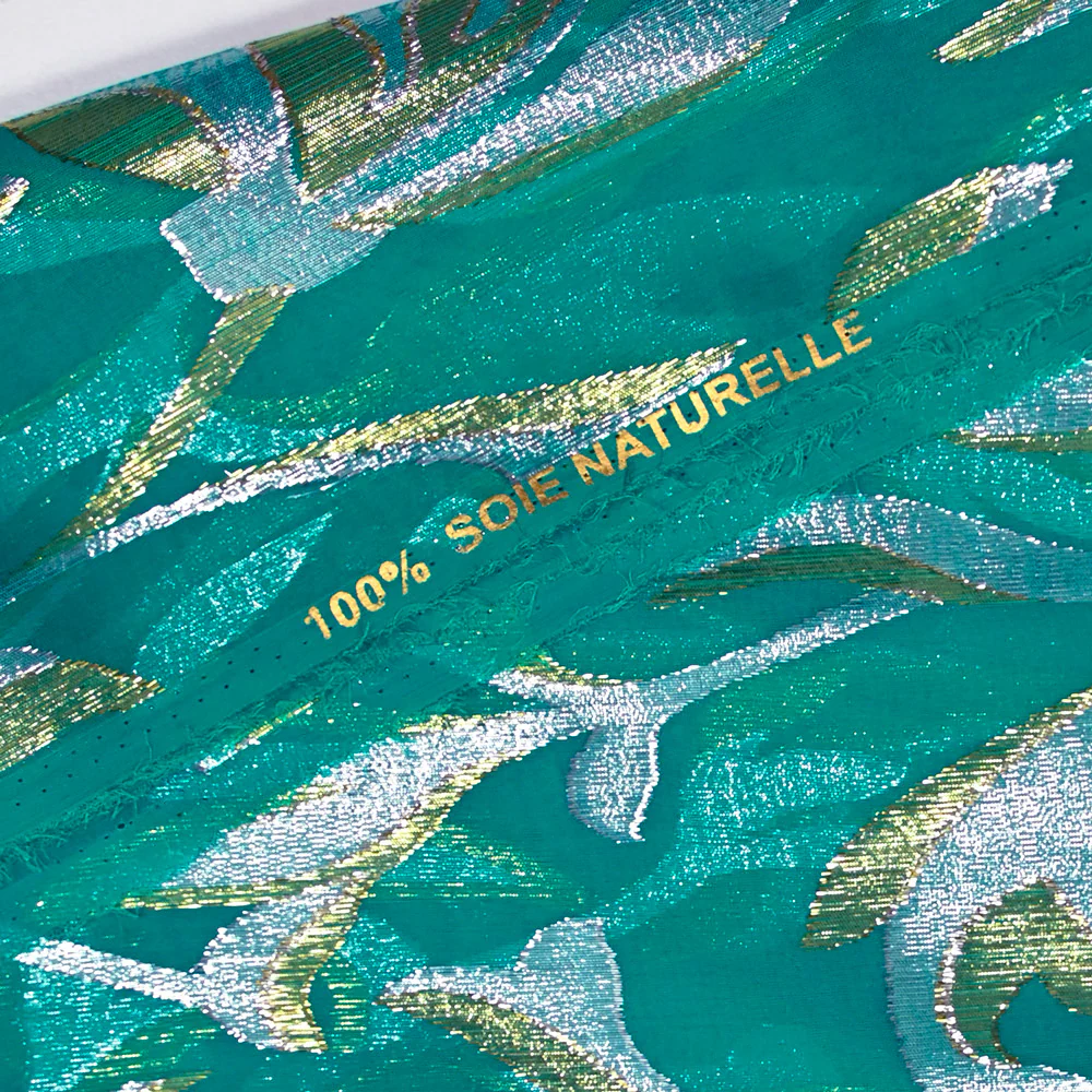 Mousseline de Soie dévorée Tlija or et argent fond vert canard - Image 4