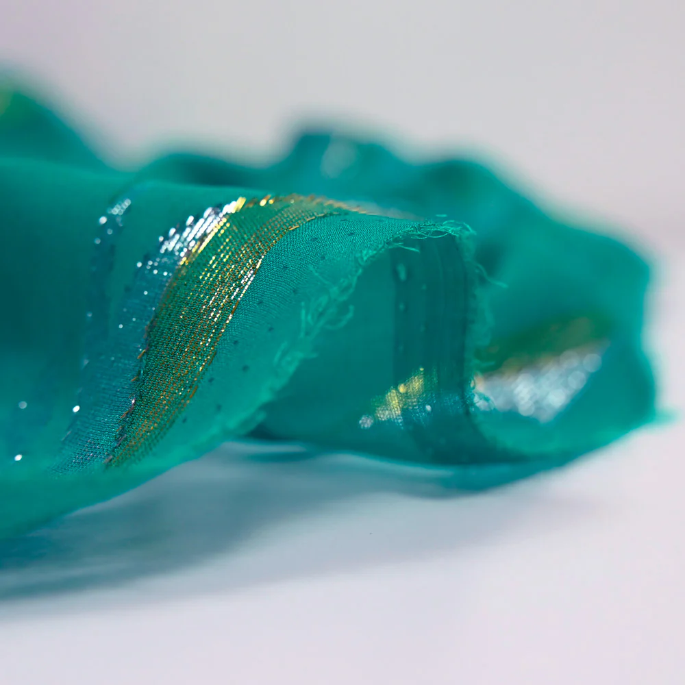 Mousseline de Soie dévorée Tlija or et argent fond vert canard - Image 5