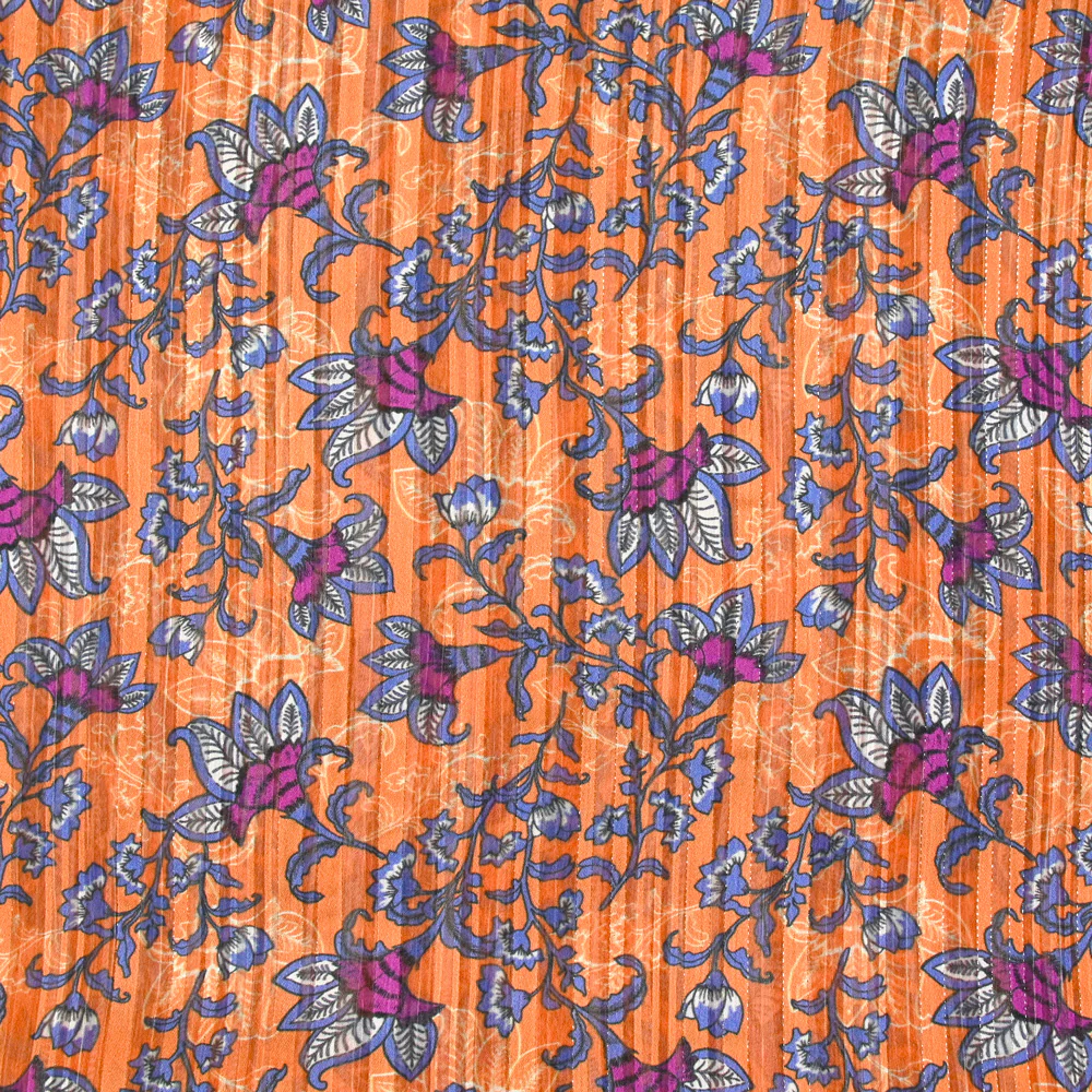 Mousseline imprimée bande satin violet fond orange