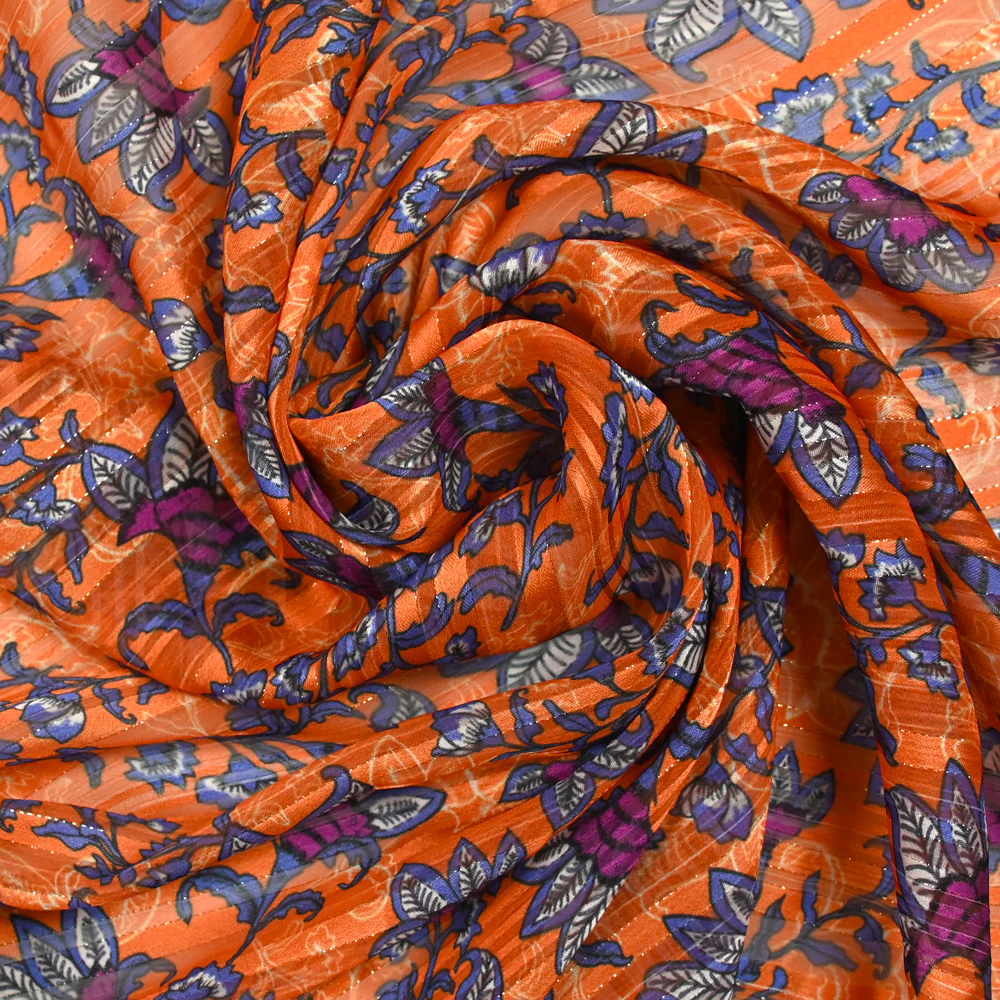 Mousseline imprimée bande satin violet fond orange - Image 2