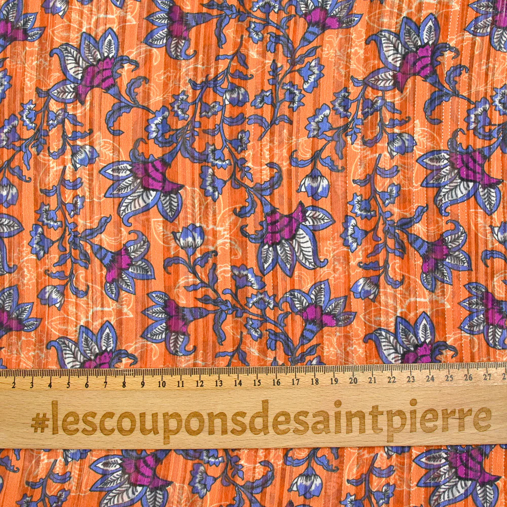 Mousseline imprimée bande satin violet fond orange - Image 3